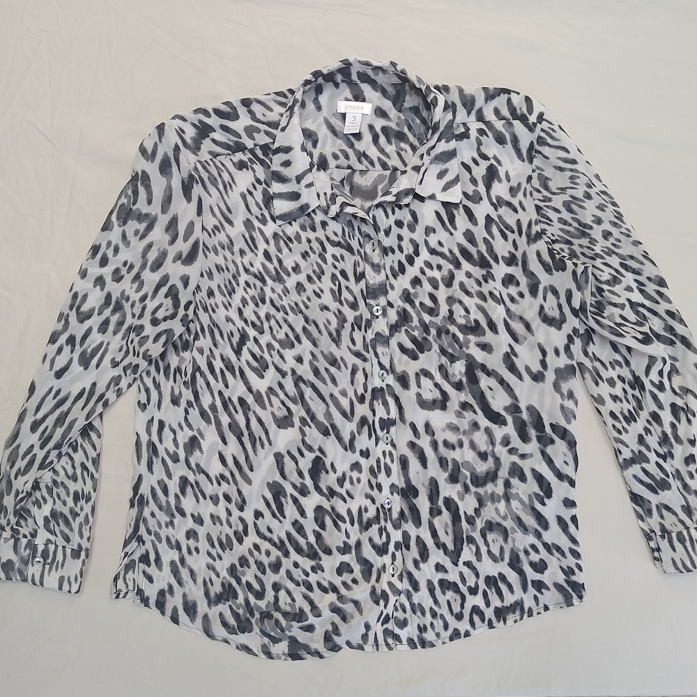 Chicos Blouse Women 3 US 16/18 XL Leopard Animal Print Button Up Mob Wife Office